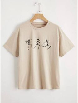 Skeleton Print Drop Shoulder Tee