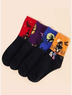 4pairs Halloween Print Crew Socks