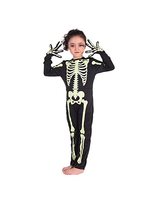 Halloween Skeleton Kids Costume with Gloves Glow in The Dark Bone Skull Outfit for Halloween Carnival,3T-12T