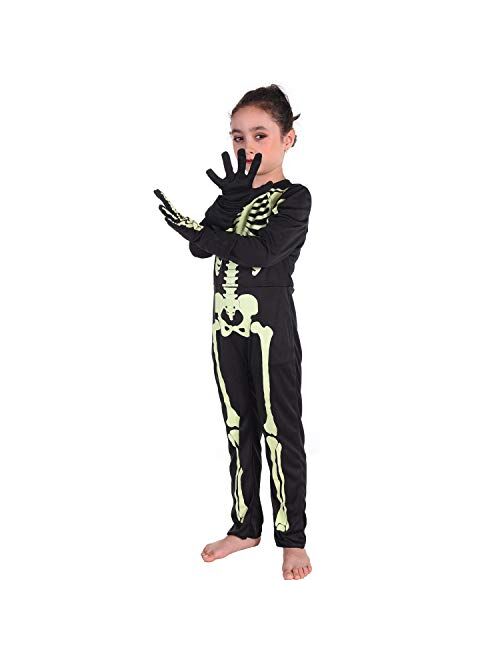 Halloween Skeleton Kids Costume with Gloves Glow in The Dark Bone Skull Outfit for Halloween Carnival,3T-12T
