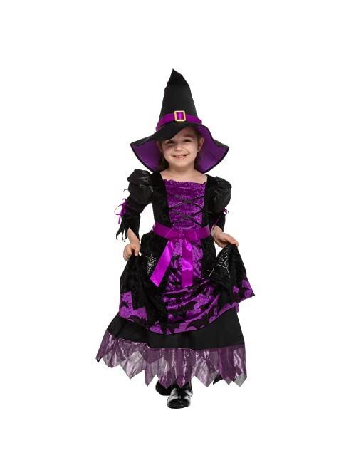 Purple Witch Costume for Toddler Girls for Ages 3-10, Girls Witch Costume for Halloween, Dress Up Party
