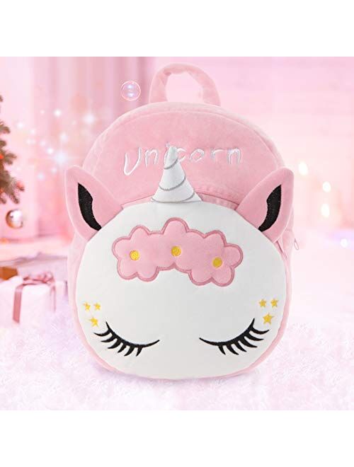 Mloovnemo Kids Unicorn Plush Toddler Travel Preschool Shoulder Backpack for 1-5 Year Old Kindergarten Girls Gift (Rose Unicorn)