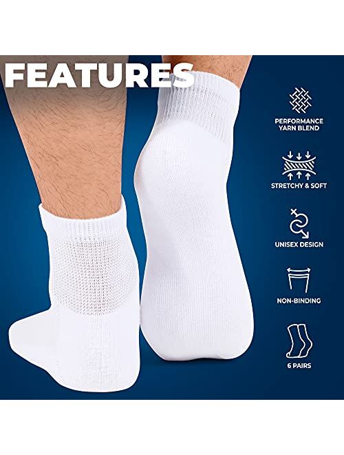 Diabetic Ankle Socks for Men & Women | 6 Pairs Wide Non Binding Socks Quarter Length | Edema Neuropathy Socks for Women & Men
