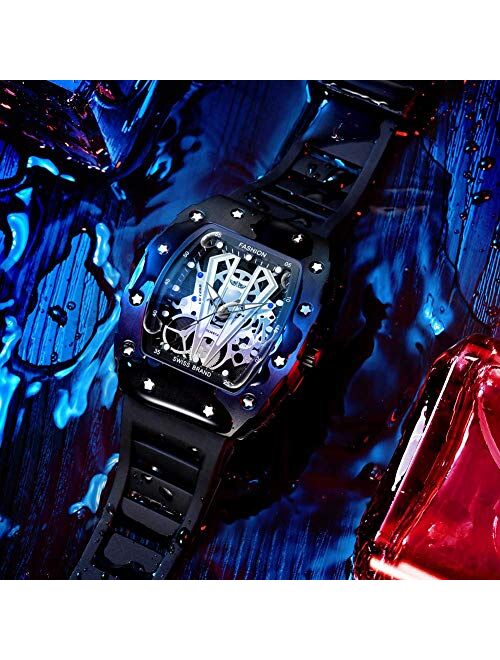 OLMECA Men's Sports Luxury Fashion Dress Casual Quartz Watches Waterproof Luminous Quartz Wristwatches for Men Stainless Steel Tonneau Rectangle Case Silicone Band Black 