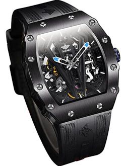 OUPINKE Design Skeleton Tonneau Watches for Mens with Silicone Band Automatic Mechanical Steampunk Style Sapphire Crystal Waterproof 50M Wristwatches