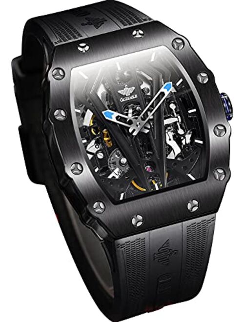 OLEVS OUPINKE Design Skeleton Tonneau Watches for Mens with Silicone Band Automatic Mechanical Steampunk Style Sapphire Crystal Waterproof 50M Wristwatches