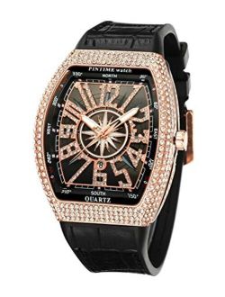 Luxury Men's Crystal Watch Tonneau Fashion Bling Iced Out Diamond Watch for Men Hip Hop Rapper