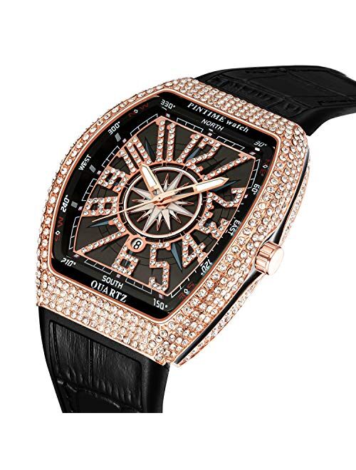 Luxury Men's Crystal Watch Tonneau Fashion Bling Iced Out Diamond Watch for Men Hip Hop Rapper
