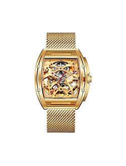 CIGA Design Watch Gold Automatic Mechanical Stainless Steel Case Skeleton Tonneau Silicone Strap Sapphire Crystal Wristwatch(with One Stainless Steel Strap)