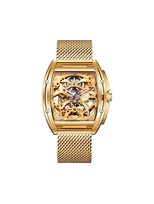 CIGA Design Watch Gold Automatic Mechanical Stainless Steel Case Skeleton Tonneau Silicone Strap Sapphire Crystal Wristwatch(with One Stainless Steel Strap)