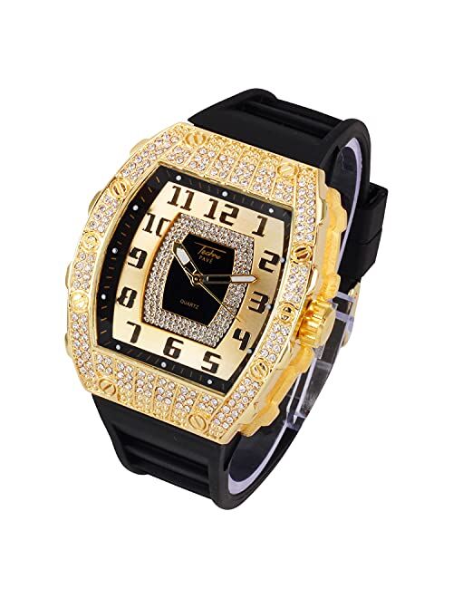 Mens Luxury Iced Watch with Simulated Crystals - Tonneau Shape Bezel and Adjustable Silicone Band Strap - Bling-ed Out Diamond Watch - Quartz Movement - 14k Gold, Silver,