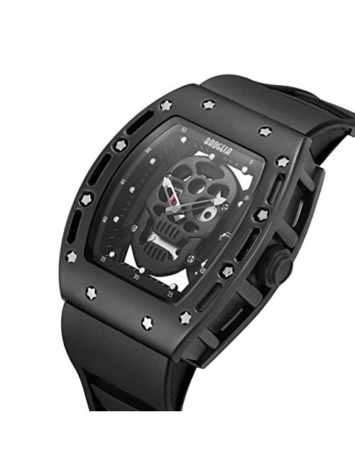 BOFUTE Men's Skull Luminous Dial Outdoor Sports Gifts Rectangle Quartz Watch with Silicone Band