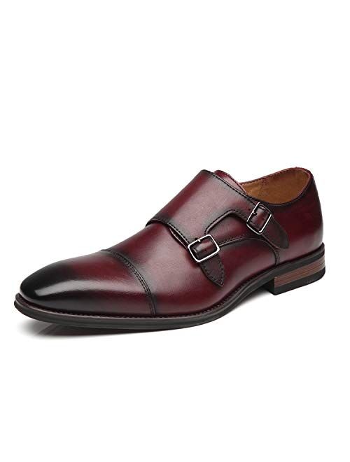 La Milano Mens Double Monk Strap Slip on Loafer Cap Toe Leather Oxford Formal Business Casual Comfortable Dress Shoes for Men