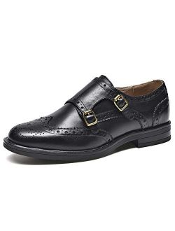 Beau Today Women's Leather Monk Strap Buckles Brogue Wingtip Oxford Dress Shoes Low Heel