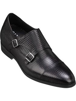 CALTO Men's Invisible Height Increasing Elevator Shoes - Leather Slip-on Dual Monk Straps Formal Loafers- 2.8 Inches Taller