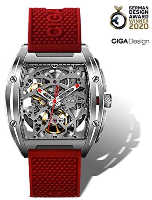 CIGADesign Skeleton Watch Automatic Mechanical Stainless Steel Replica Tonneau Case Casual Wristwatch Waterproof Sapphire Crystal Silicone Strap for Men Unisex