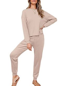 Womens Waffle Knit Outfits Set Casual Long Sleeve Top and Pants Two Piece Loungewear Sweatsuit Jogger Set with Pockets