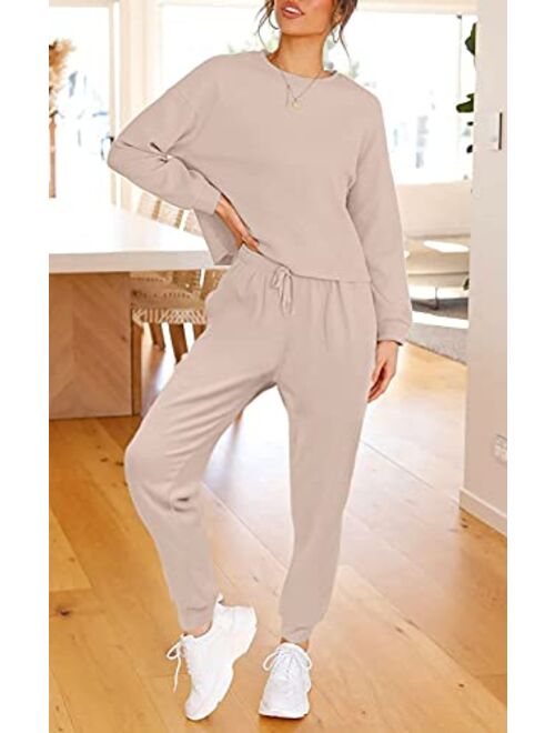 ZESICA Womens Waffle Knit Outfits Set Casual Long Sleeve Top and Pants Two Piece Loungewear Sweatsuit Jogger Set with Pockets