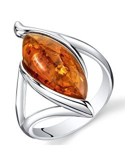 Genuine Baltic Amber Ring for Women in Sterling Silver, Rich Cognac Color, Marquise Shape Elliptical Solitaire, Comfort Fit, Sizes 5 to 9