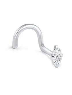 14k Solid White Gold Nose Ring, Stud, Nose Screw, L Bend, Nose Bone Marquise-Shape CZ 22G 20G or 18G