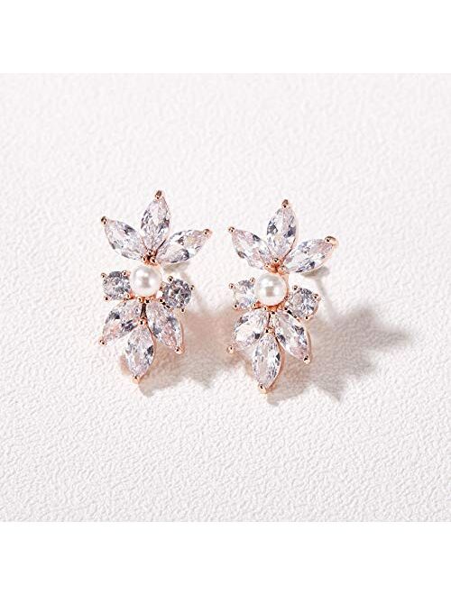 SWEETV Marquise Cubic Zirconia Wedding Bridal Stud Earrings for Brides Bridesmaids, Crystal Pearl Rhinestone Stud Earrings for Women Prom Party Jewelry Gifts