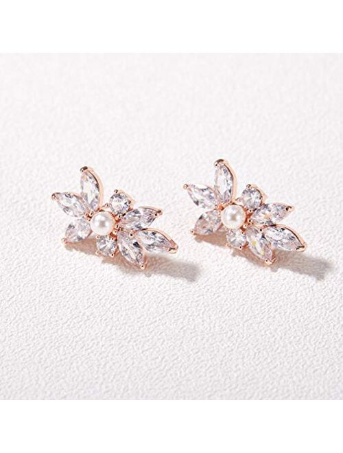 SWEETV Marquise Cubic Zirconia Wedding Bridal Stud Earrings for Brides Bridesmaids, Crystal Pearl Rhinestone Stud Earrings for Women Prom Party Jewelry Gifts
