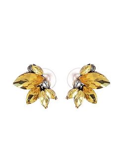 Art Deco Antique Vintage Retro Style Yellow Canary Champagne Citrine Marquis Rhinestone Bridal Bridesmaid Wedding Prom Cluster Earrings