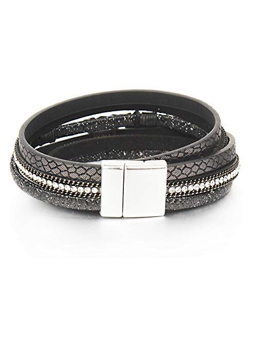 FANCY SHINY Leather Wrap Bracelet Boho Cuff Bracelets Crystal Bead Bracelet with Magnetic Clasp Jewelry Gifts for Women Teen Girls