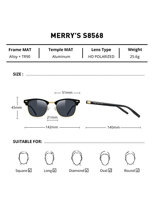 MERRY'S Polarized Sunglasses for Men Women Semi Rimless Retro Brand Sun Glasses S8054