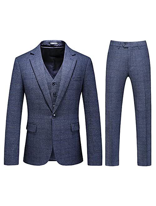 Mens 3 Piece Tweed Suit Plaid Slim Fit Suits for Men One Button Suit Tuxedo Set (Blazer+Vest+Pants)