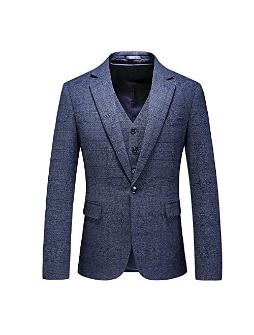 Mens 3 Piece Tweed Suit Plaid Slim Fit Suits for Men One Button Suit Tuxedo Set (Blazer+Vest+Pants)