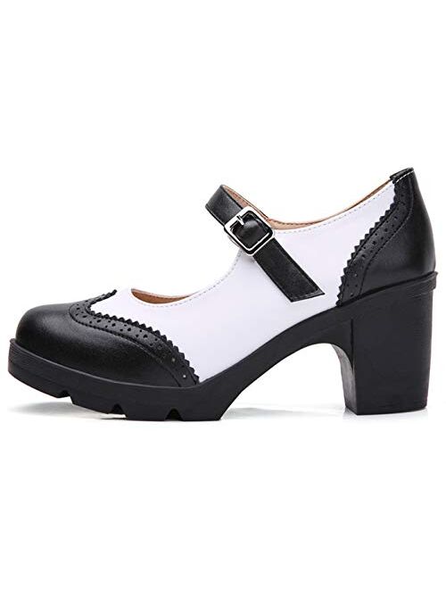 DADAWEN Women's Leather Classic Platform Mid Heel Mary Jane Square Toe Oxfords Dress Shoes