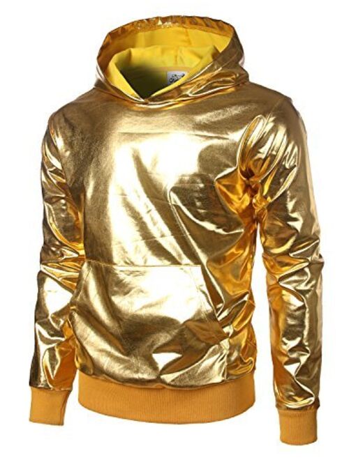 JOGAL Mens Metallic Gold Shirts Nightclub Styles Long Sleeve Hoodies