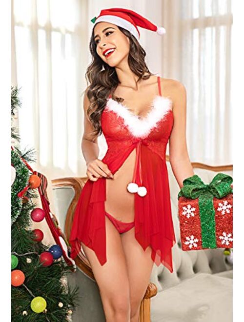 Avidlove Women Christmas Lingerie Red Lingerie Babydoll Lace Santa Sleepwear Nighties
