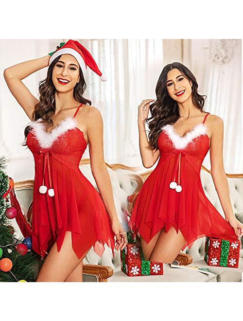 Avidlove Women Christmas Lingerie Red Lingerie Babydoll Lace Santa Sleepwear Nighties