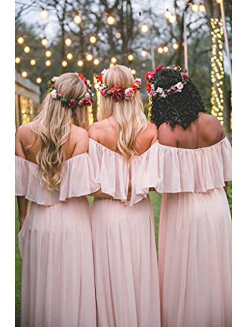 TRHTX Chiffon Women's Bridesmaid Dresses Long Off Shoulder Formal Dresses with Slit Ruffle A-Line Party Gowns