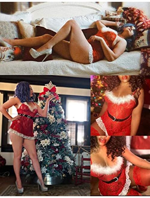 Avidlove Christmas Lingerie for Women Red Santa Babydoll Lingerie Dress Lace Chemise