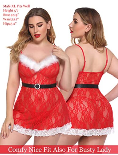 Avidlove Christmas Lingerie for Women Red Santa Babydoll Lingerie Dress Lace Chemise