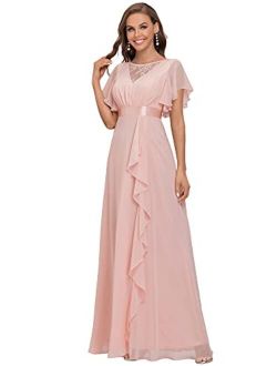 Women's Illusion A-line Chiffon Bridesmaid Dresses with Short Sleeves 80008