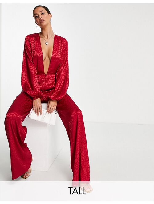 Asos Design Missguided Tall satin tie front wide leg jumpsuit in burgundy