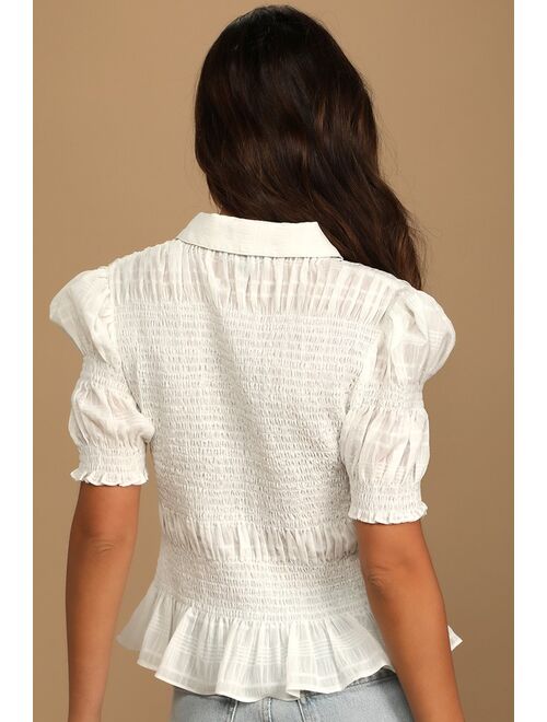 Lulus Sophisticated Sweetie White Smocked Puff Sleeve Button-Up Top
