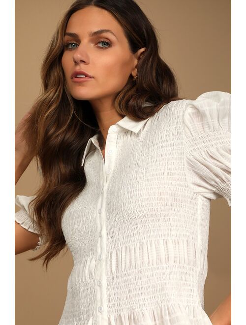 Lulus Sophisticated Sweetie White Smocked Puff Sleeve Button-Up Top