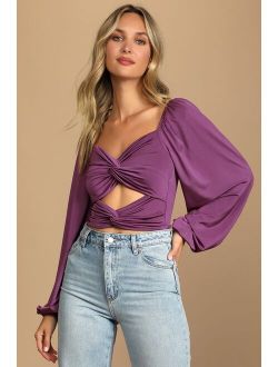 Flirty and Fab Dusty Purple Knot Front Long Sleeve Crop Top