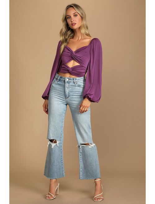 Lulus Flirty and Fab Dusty Purple Knot Front Long Sleeve Crop Top