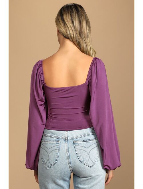 Lulus Flirty and Fab Dusty Purple Knot Front Long Sleeve Crop Top