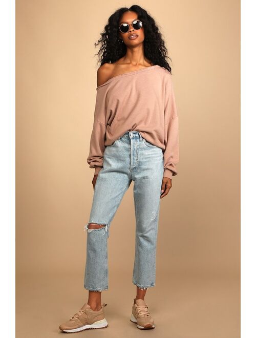 Lulus Get to Know You Dusty Rose One-Shoulder Pullover Sweatshirt