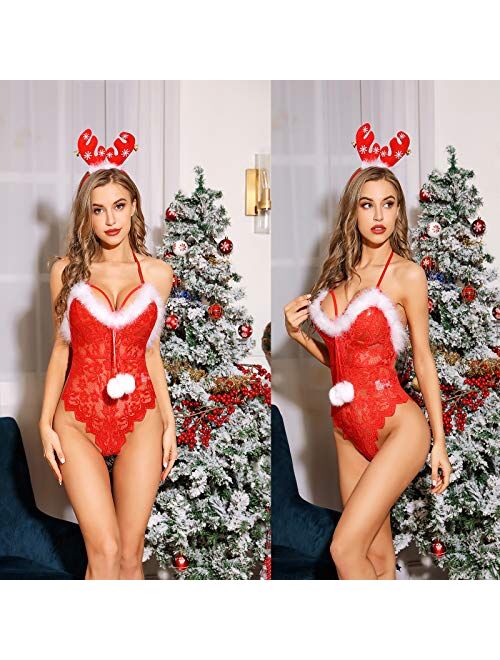 Womens Christmas Lingerie Santa Lace Babydoll One Piece Bodysuit Red