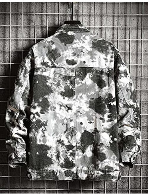 Gihuo Men’s Fall Fashion Long Sleeve Tie Dye Denim Jacket Casual Coat
