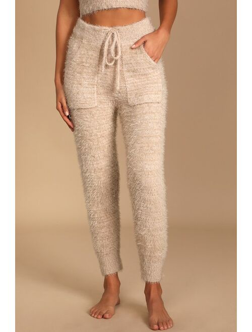 Lulus Road to Cozy Taupe Fuzzy Drawstring Joggers