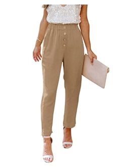 NIMIN Womens Casual Loose Pants Comfy Cropped Work Pants with Pockets Elastic High Waist Paper Bag Pants